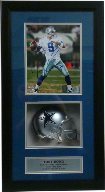 Tony Romo Autographed Photograph Including an 8 x 10 Photograph and  Miniature Helmet in a 14 x 20 Deluxe Frame Shadow Box