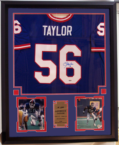 NY Giants Lawrence Taylor Autographed Home Jersey Including Two 8 x 10  Photograph and Jersey in a 36 x 44 Deluxe Frame Shadow Box